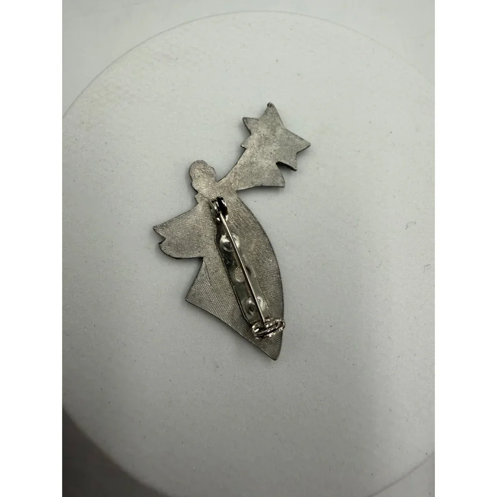 Vintage Angel Holding‎ Star Brooch Matte Silver Tone Pewter Style Celestial Pin